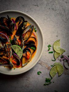 Mejillones al curri con leche de coco